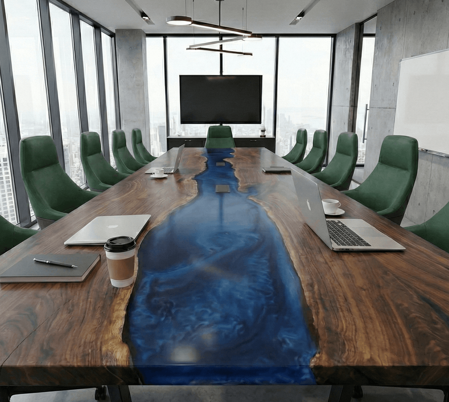 Custom Black Walnut Epoxy River Conference Table with BLUE Resin - CET205