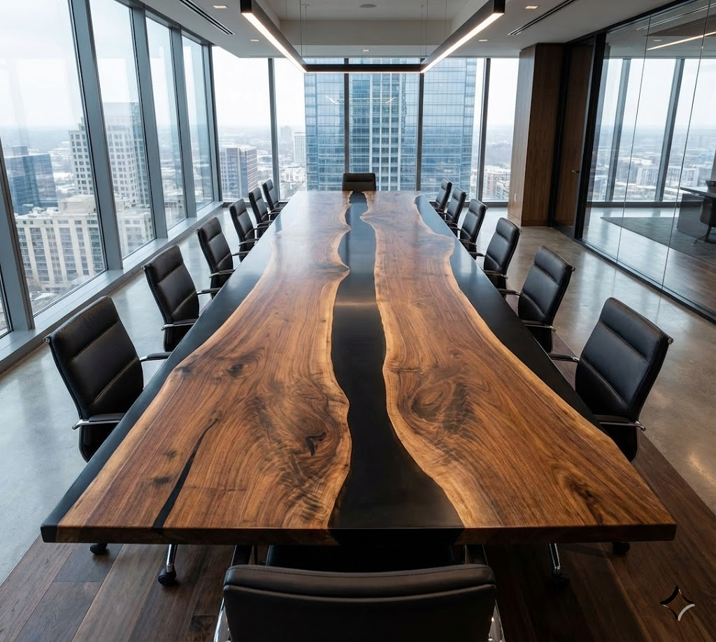 Custom Black Walnut Epoxy River Conference Table with Black Resin - CET204