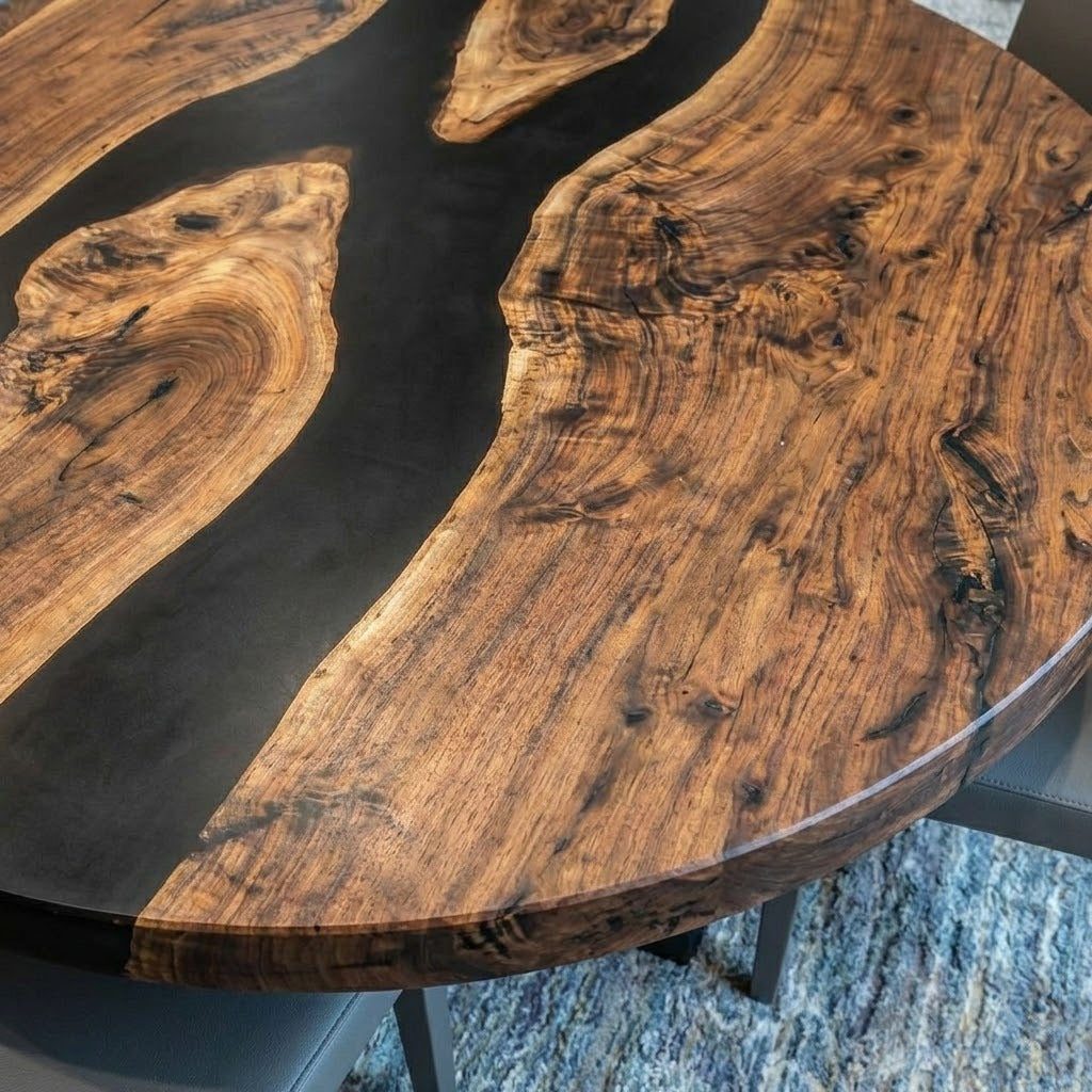 Custom Black Walnut Round Coffee Table with Black Epoxy Resin - CET608