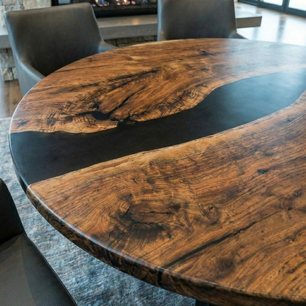 Custom Black Walnut Round Coffee Table with Black Epoxy Resin - CET607