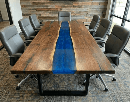 Custom Black Walnut Epoxy River Conference Table with BLUE Resin - CET202