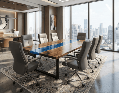 Custom Black Walnut Epoxy River Conference Table with BLUE Resin - CET202