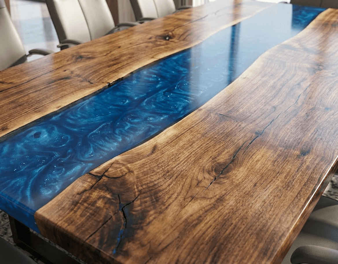 Custom Black Walnut Epoxy River Conference Table with BLUE Resin - CET202