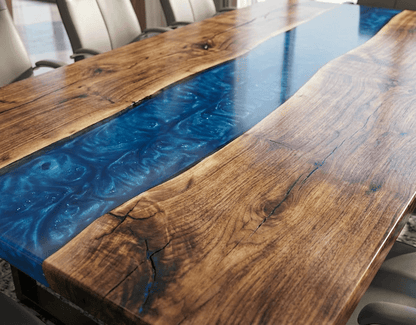 Custom Black Walnut Epoxy River Conference Table with BLUE Resin - CET202