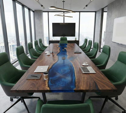 Custom Black Walnut Epoxy River Conference Table with BLUE Resin - CET205