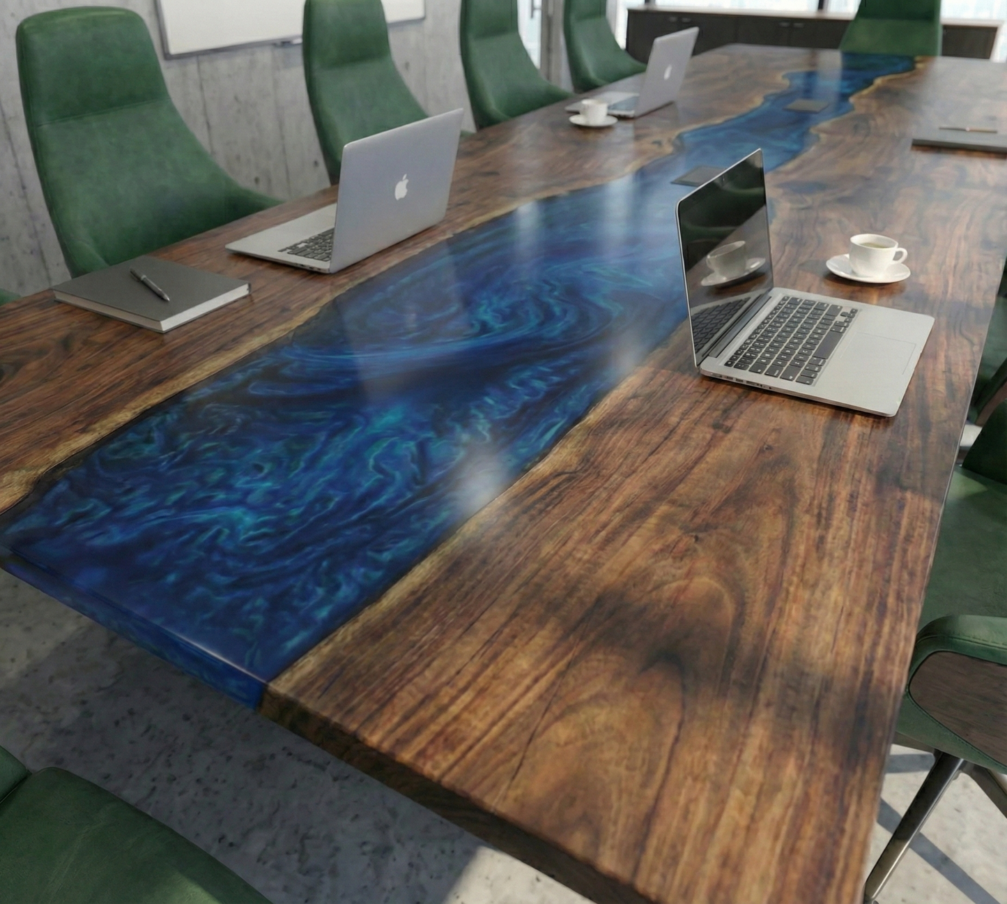 Custom Black Walnut Epoxy River Conference Table with BLUE Resin - CET205