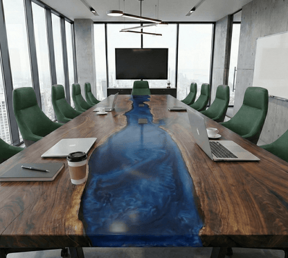 Custom Black Walnut Epoxy River Conference Table with BLUE Resin - CET205