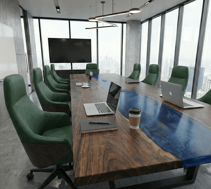 Custom Black Walnut Epoxy River Conference Table with BLUE Resin - CET205