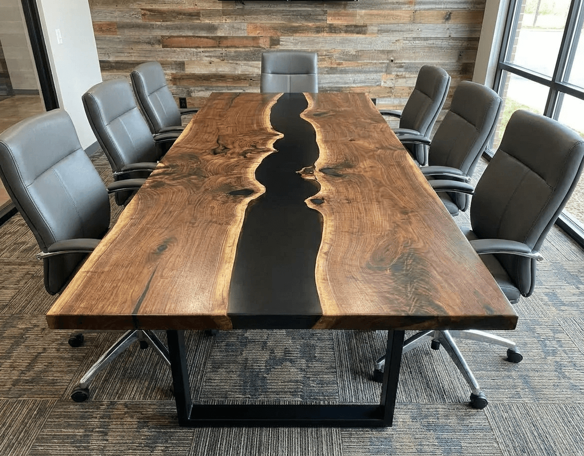Custom Black Walnut Epoxy River Conference Table with Black Resin - CET201