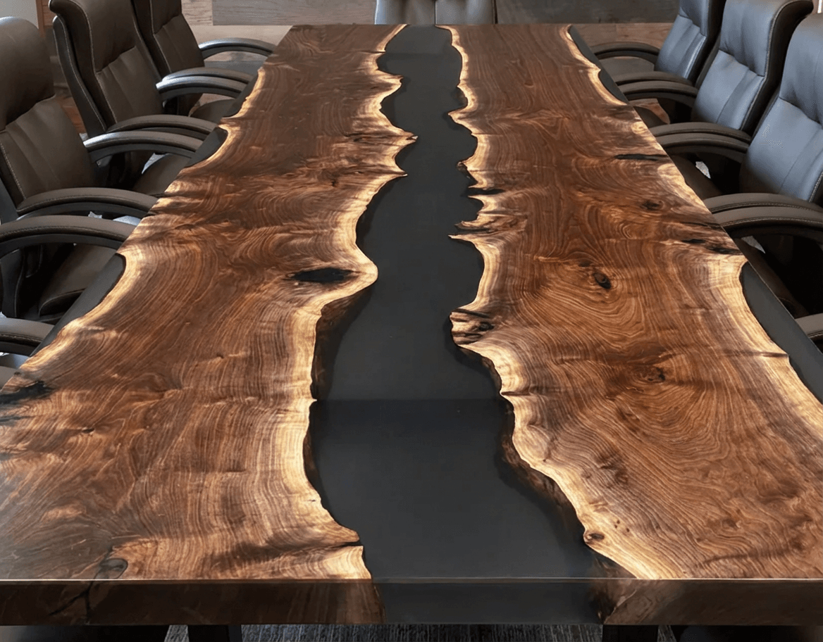 Custom Black Walnut Epoxy River Conference Table with Black Resin - CET201
