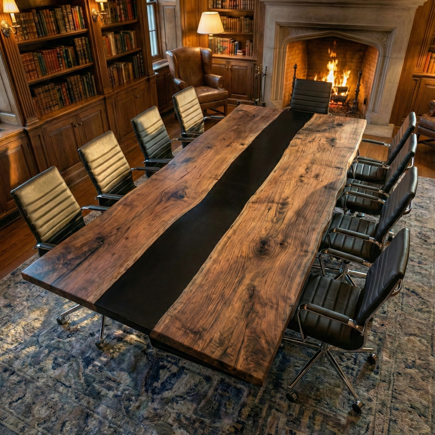 Custom Black Walnut Epoxy River Conference Table with Black Resin - CET203