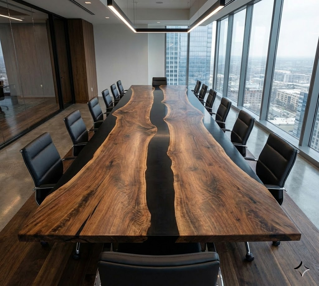 Custom Black Walnut Epoxy River Conference Table with Black Resin - CET204