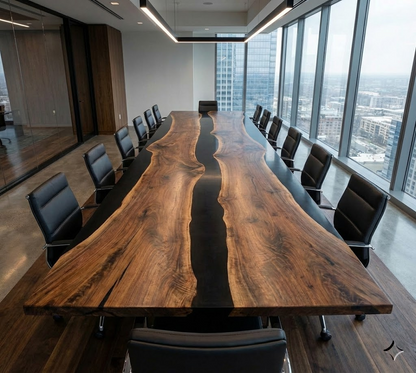 Custom Black Walnut Epoxy River Conference Table with Black Resin - CET204