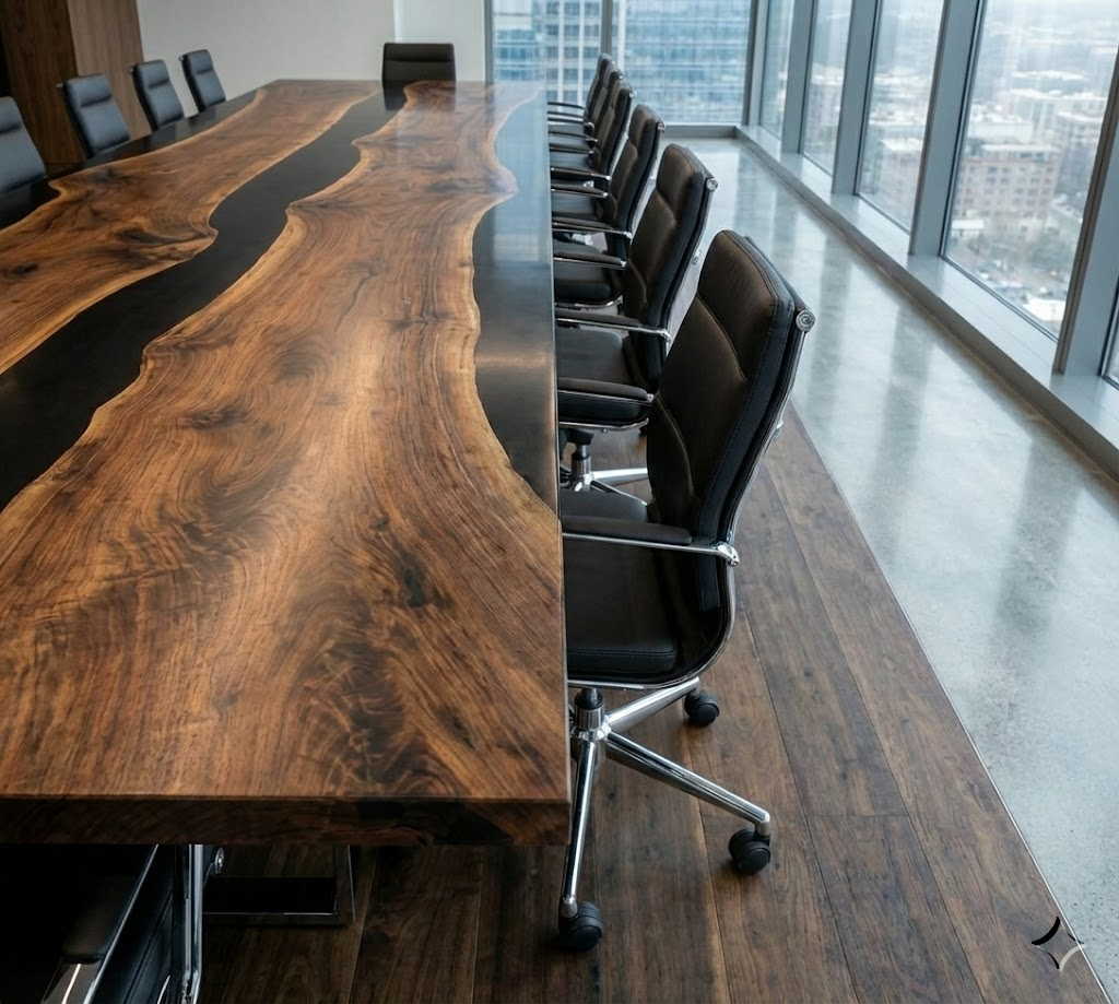 Custom Black Walnut Epoxy River Conference Table with Black Resin - CET204
