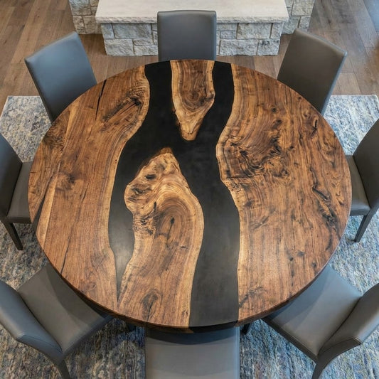 Custom Black Walnut Round Coffee Table with Black Epoxy Resin - CET608