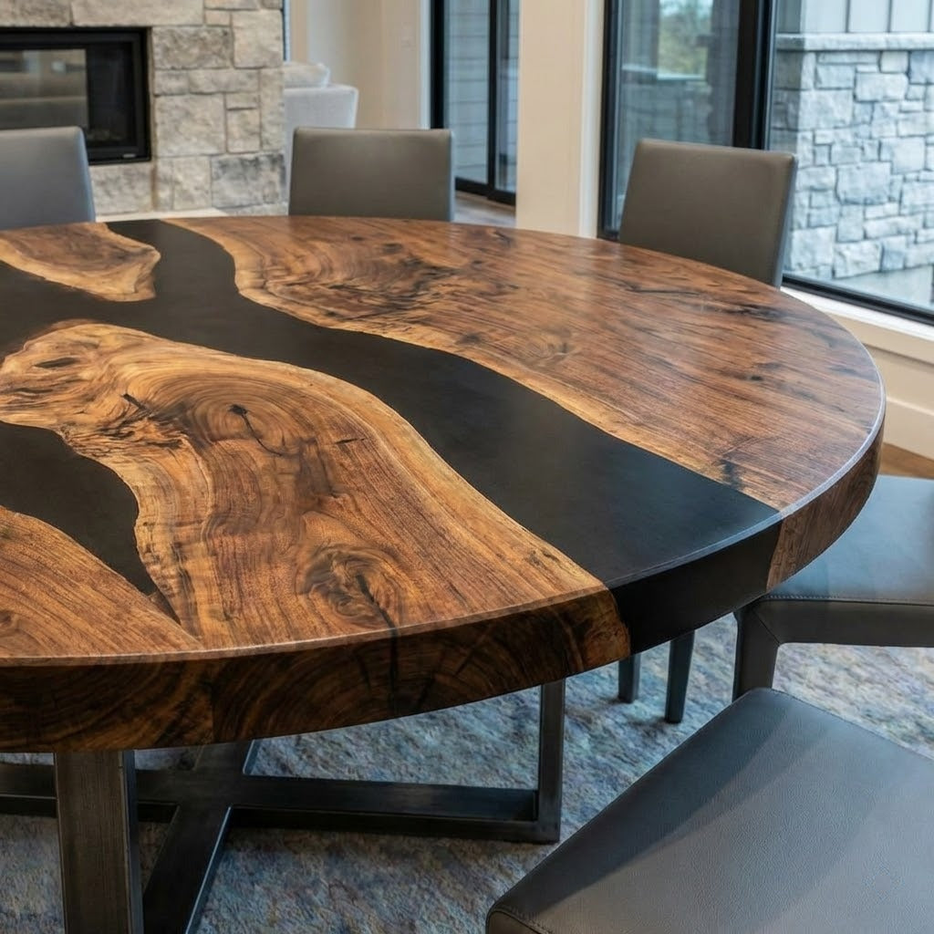 Custom Black Walnut Round Coffee Table with Black Epoxy Resin - CET608