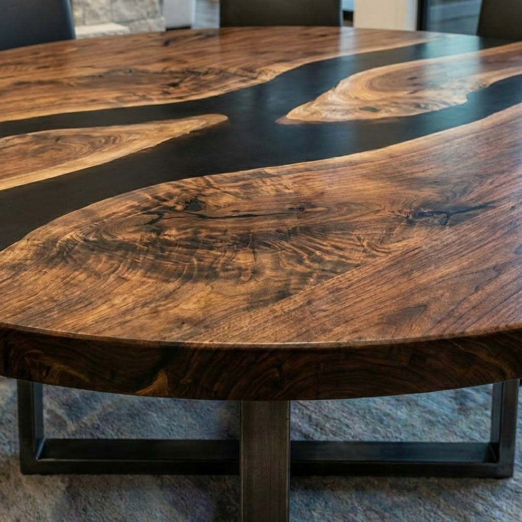 Custom Black Walnut Round Coffee Table with Black Epoxy Resin - CET608