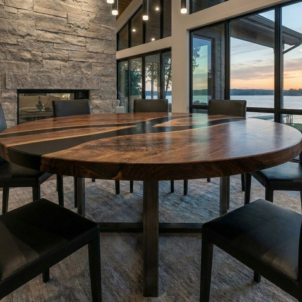 Custom Black Walnut Round Coffee Table with Black Epoxy Resin - CET608