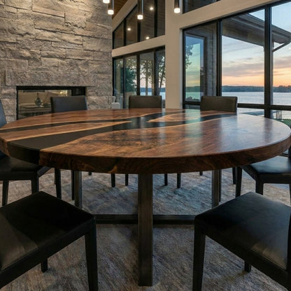 Custom Black Walnut Round Coffee Table with Black Epoxy Resin - CET608