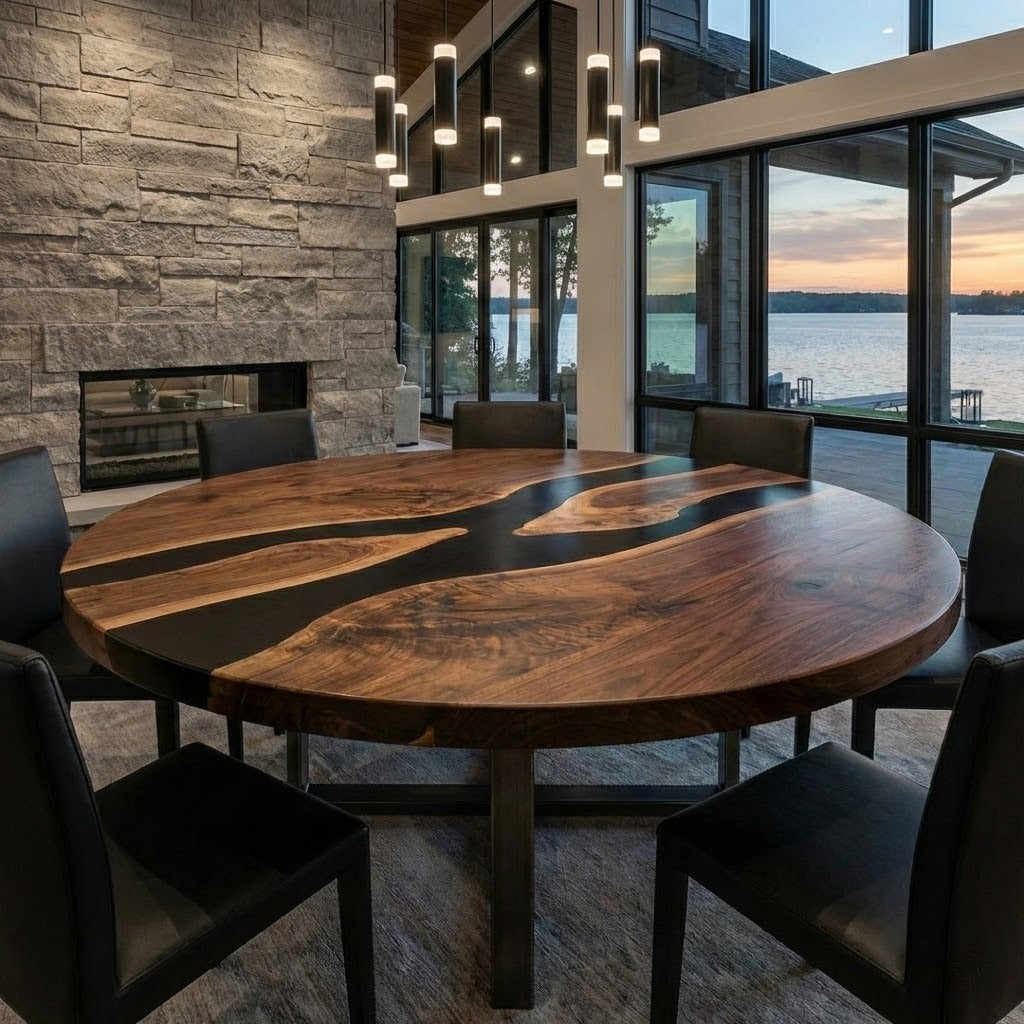 Custom Black Walnut Round Coffee Table with Black Epoxy Resin - CET608