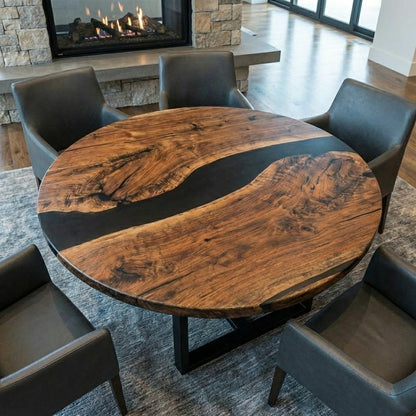 Custom Black Walnut Round Coffee Table with Black Epoxy Resin - CET607