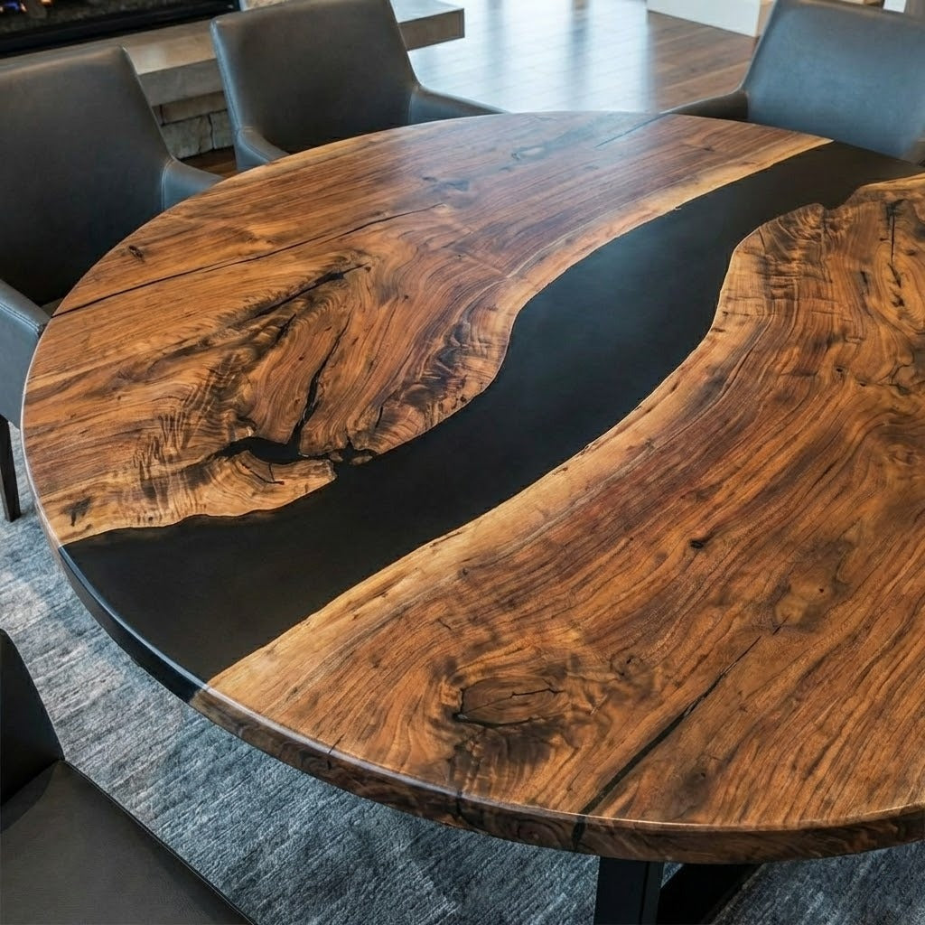 Custom Black Walnut Round Coffee Table with Black Epoxy Resin - CET607
