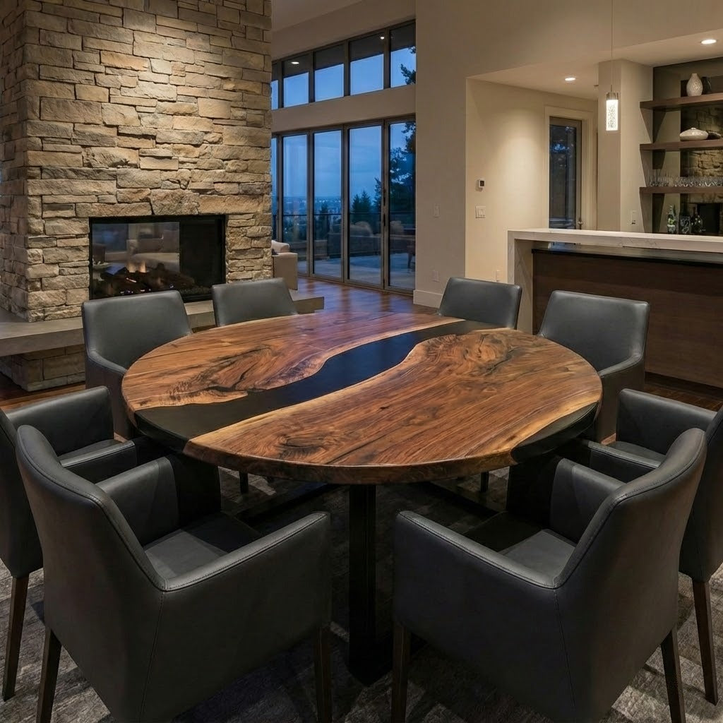 Custom Black Walnut Round Coffee Table with Black Epoxy Resin - CET607