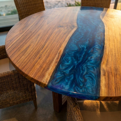 Custom Black Walnut Round Coffee Table with Blue Epoxy Resin - CET606