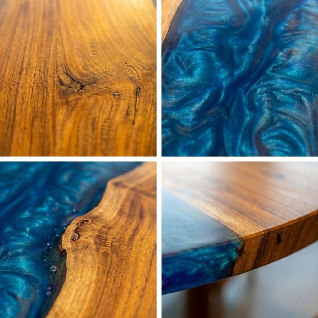 Custom Black Walnut Round Coffee Table with Blue Epoxy Resin - CET606