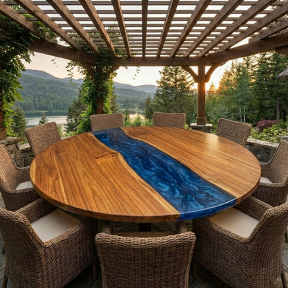 Custom Black Walnut Round Coffee Table with Blue Epoxy Resin - CET606