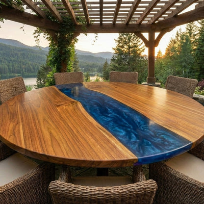 Custom Black Walnut Round Coffee Table with Blue Epoxy Resin - CET606