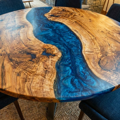 Custom Black Walnut Round Coffee Table with Blue Epoxy Resin - CET610