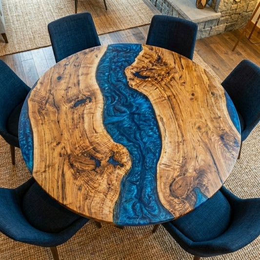 Custom Black Walnut Round Coffee Table with Blue Epoxy Resin - CET610
