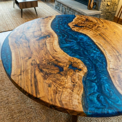 Custom Black Walnut Round Coffee Table with Blue Epoxy Resin - CET610