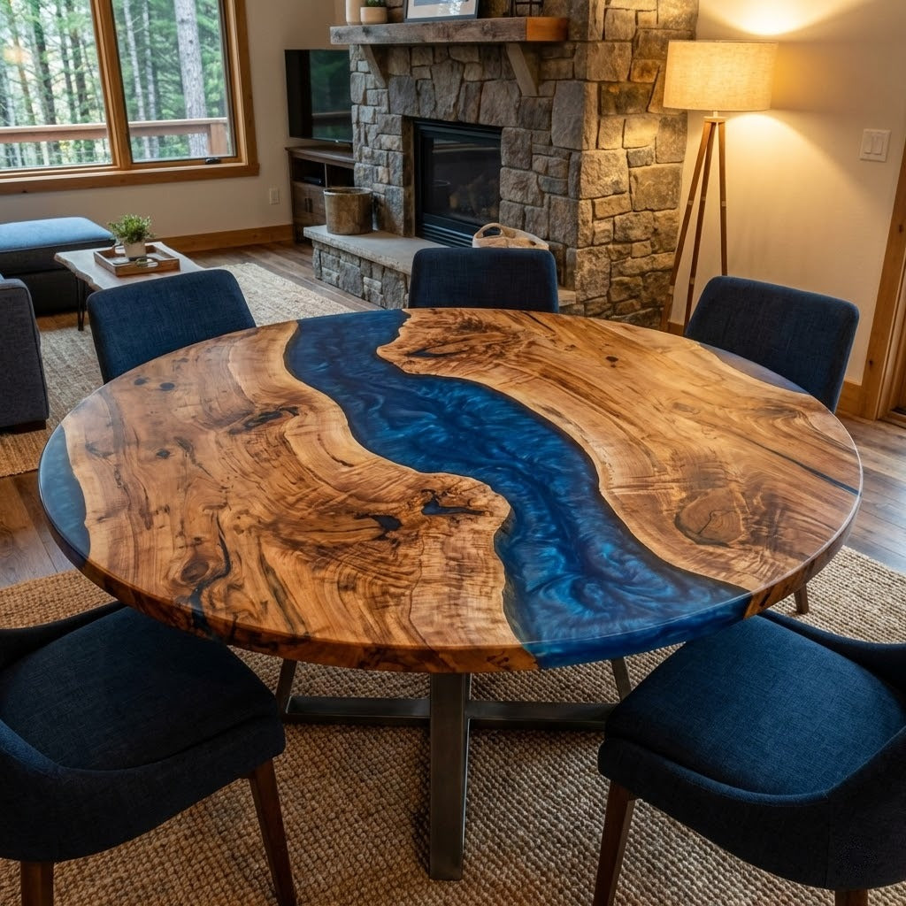 Custom Black Walnut Round Coffee Table with Blue Epoxy Resin - CET610