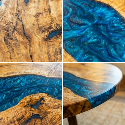 Custom Black Walnut Round Coffee Table with Blue Epoxy Resin - CET610