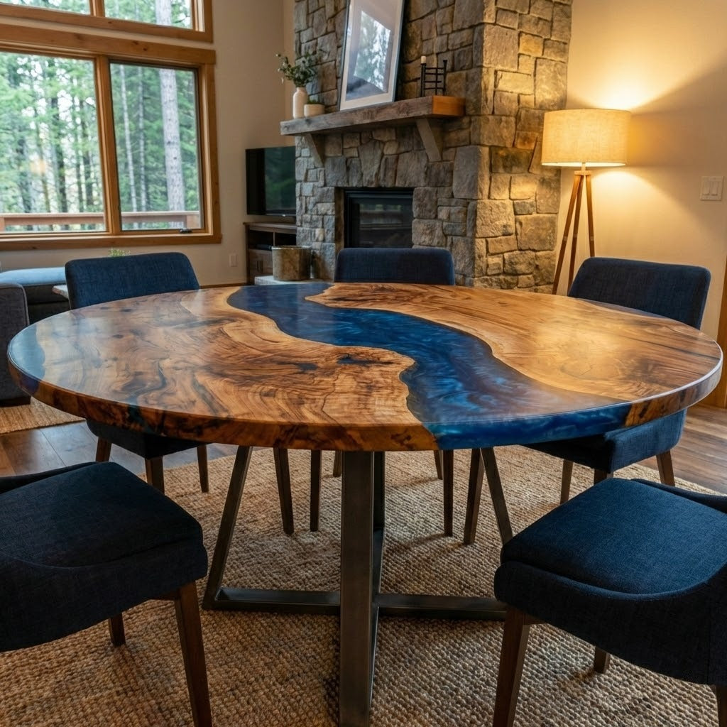 Custom Black Walnut Round Coffee Table with Blue Epoxy Resin - CET610