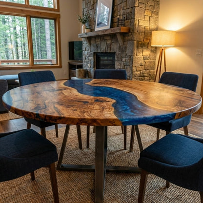 Custom Black Walnut Round Coffee Table with Blue Epoxy Resin - CET610