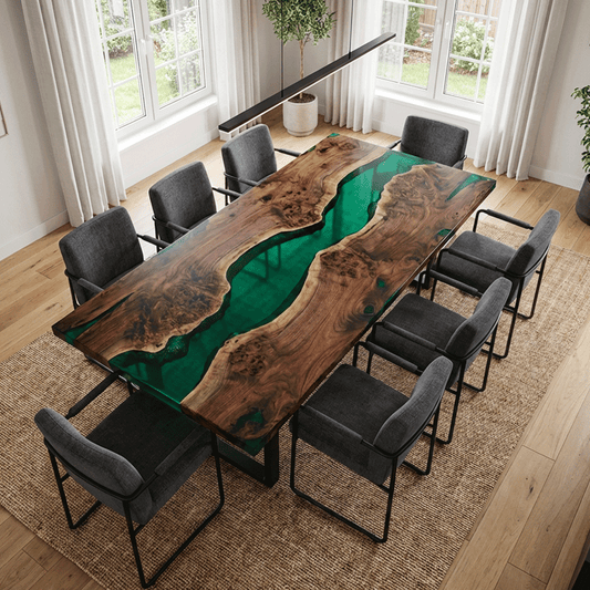 The Emerald Amazon – Custom Epoxy Table with Live Edge Burl Wood - CET802