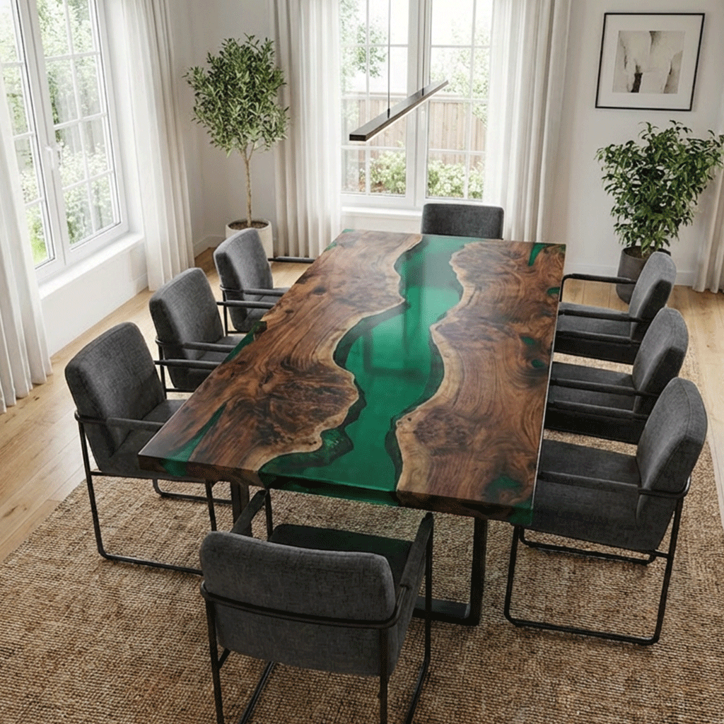 The Emerald Amazon – Custom Epoxy Table with Live Edge Burl Wood - CET802